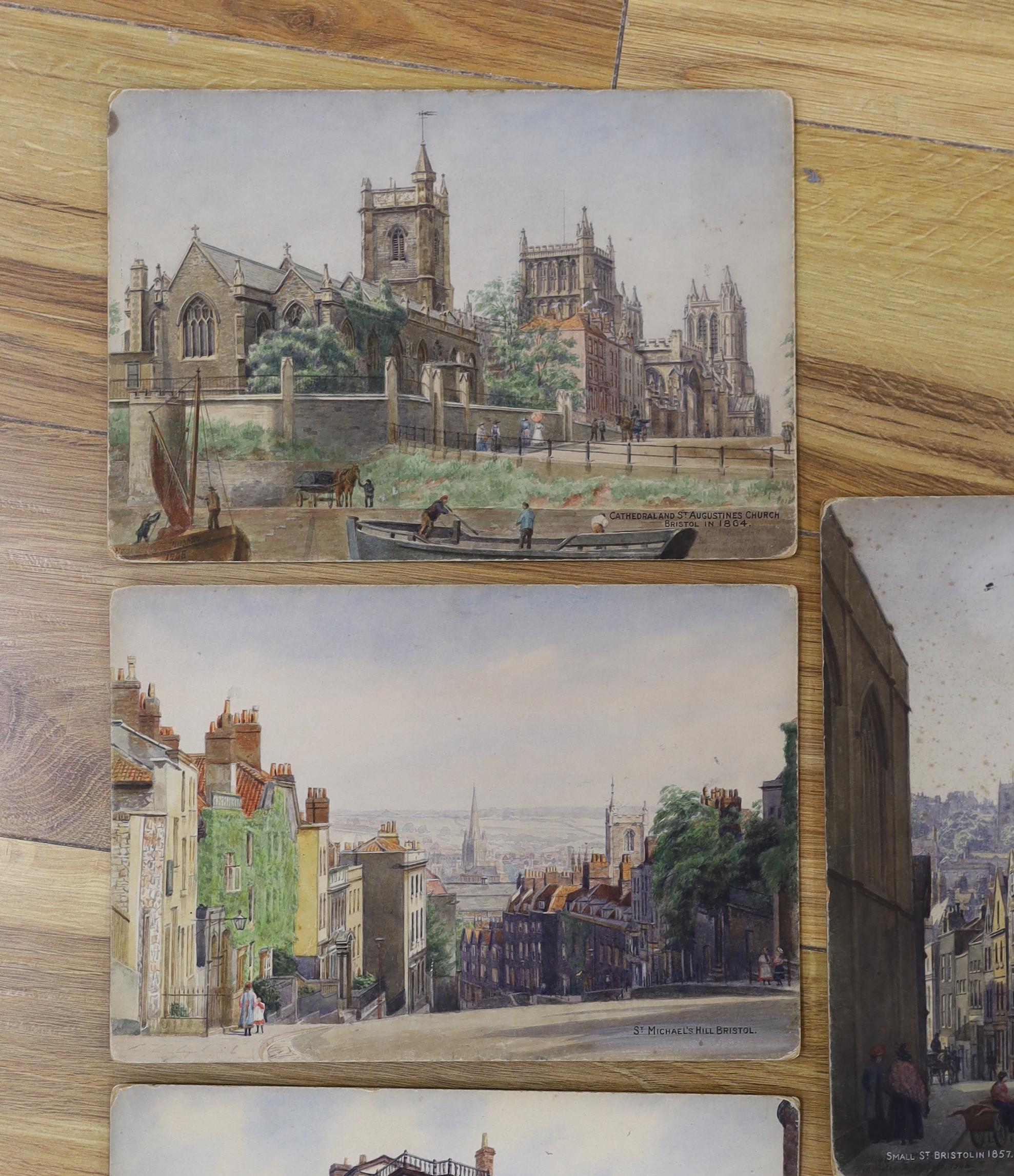 Edward (Evacustes) Arthur Phipson (1854-1931), four watercolours on card, Old Bristol views comprising ‘The Dutch House’, ‘Small Street’, ‘Cathedral’ and ‘St Michael’s Hill’ each inscribed, three signed, unframed, larges